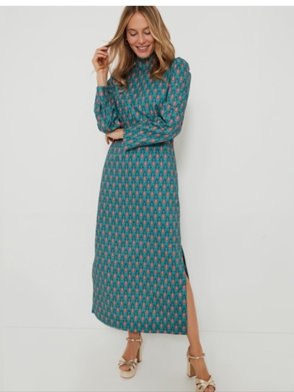 Hyacinth House Teal Printed High-Neck Maxi Dress
